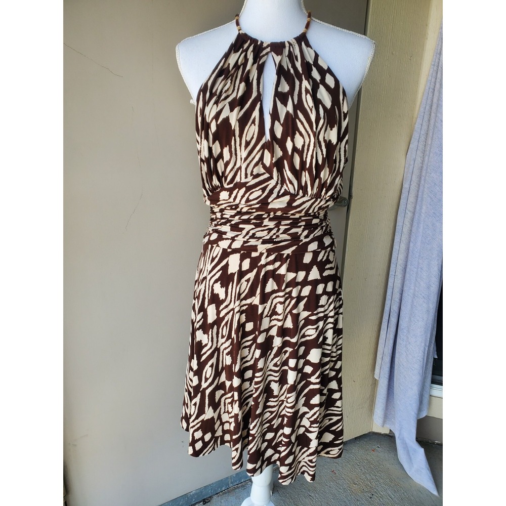 Jones New York Halter Dress Womens 8 Brown Tan Geometric Keyhole Beaded Zip Boho